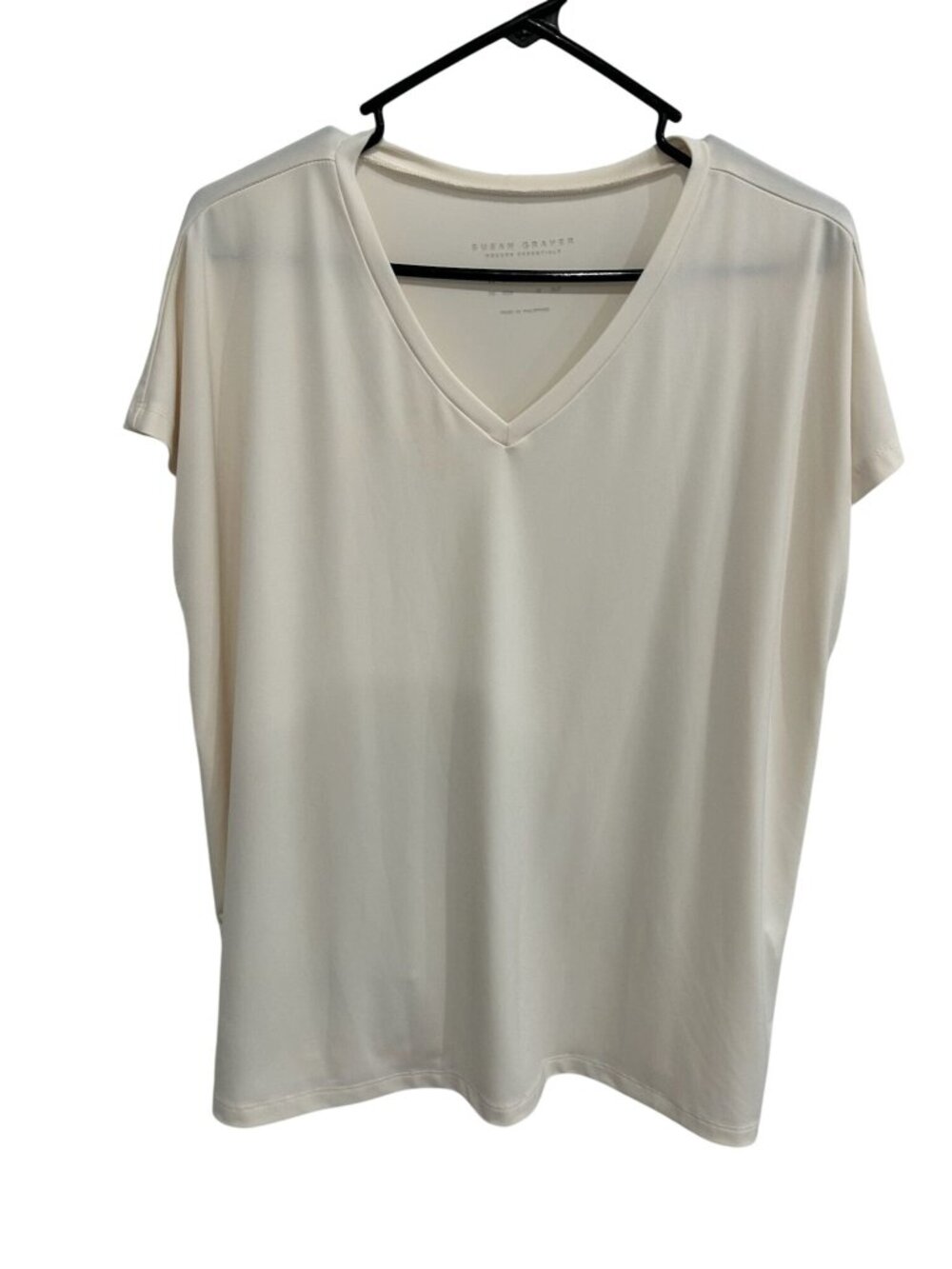 Susan Graver Large Cream V-Neck Short Sleeve Top Minimalist Clean Girl